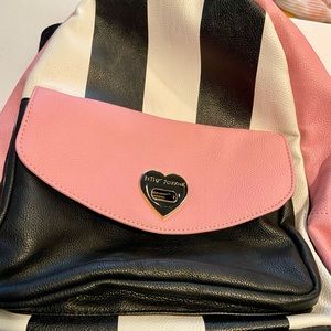 Betsey Johnson pink and black/white striped backpack